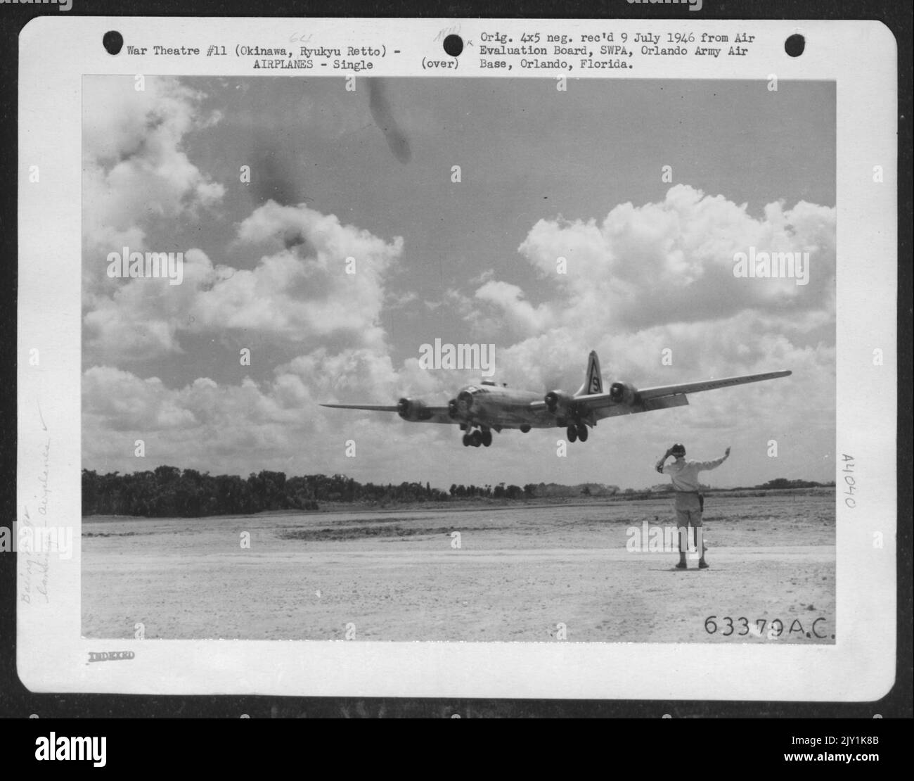 Boeing B-29 "Superfortress" Coming In For A Landing On Kadena Strip. 29 August 1945. Stock Photo