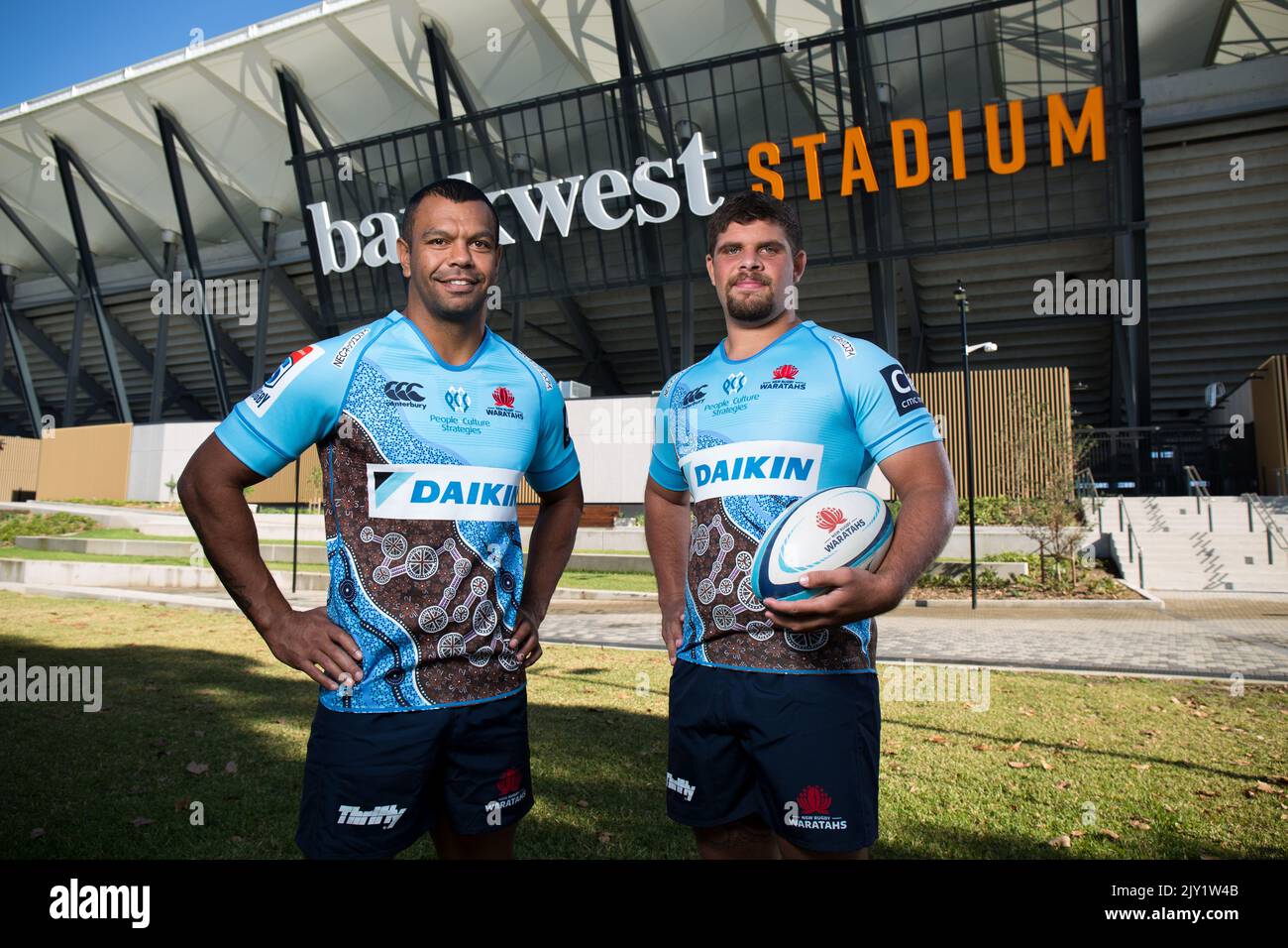 NSW Waratahs players Kurtley Beale and Cody Walker (right) pose for a