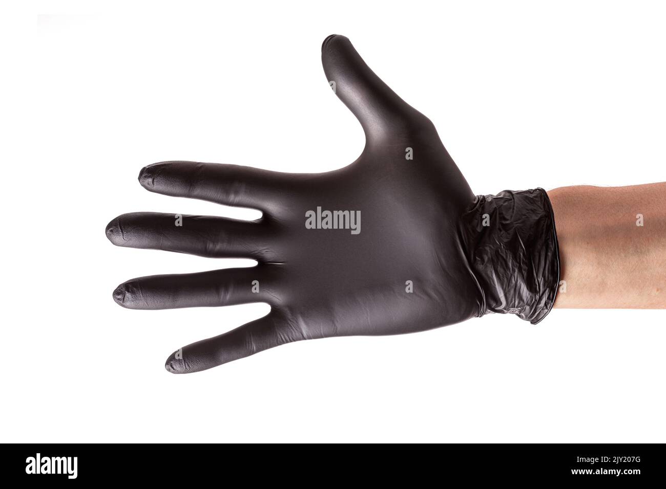 Hand in black rubber glove isolated on white background. Outstretched hand for handshake, closeup Stock Photo