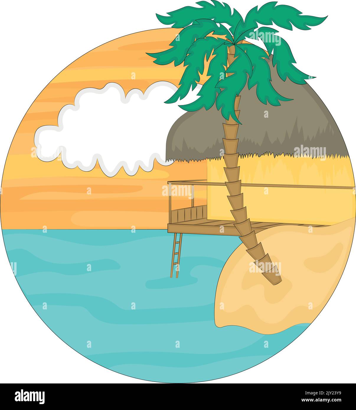 Watercolor beach landscape House on the sea and palm tree Vector Stock