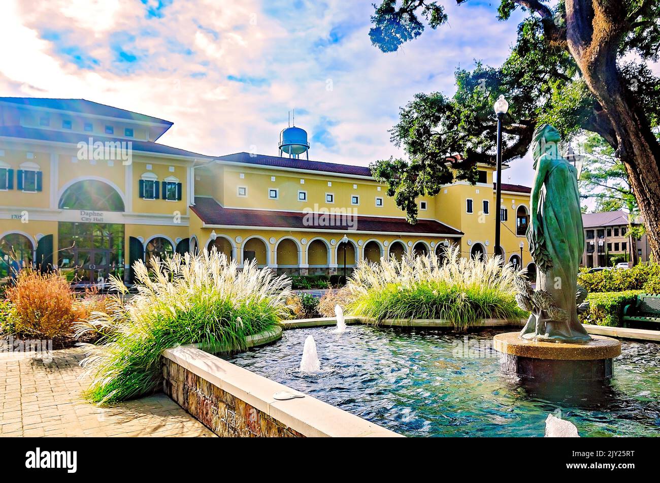 A statue of Daphne, a naiad in Greek mythology, stands in the fountain in front of Daphne City Hall, Sept. 4, 2022, in Daphne, Alabama. Stock Photo