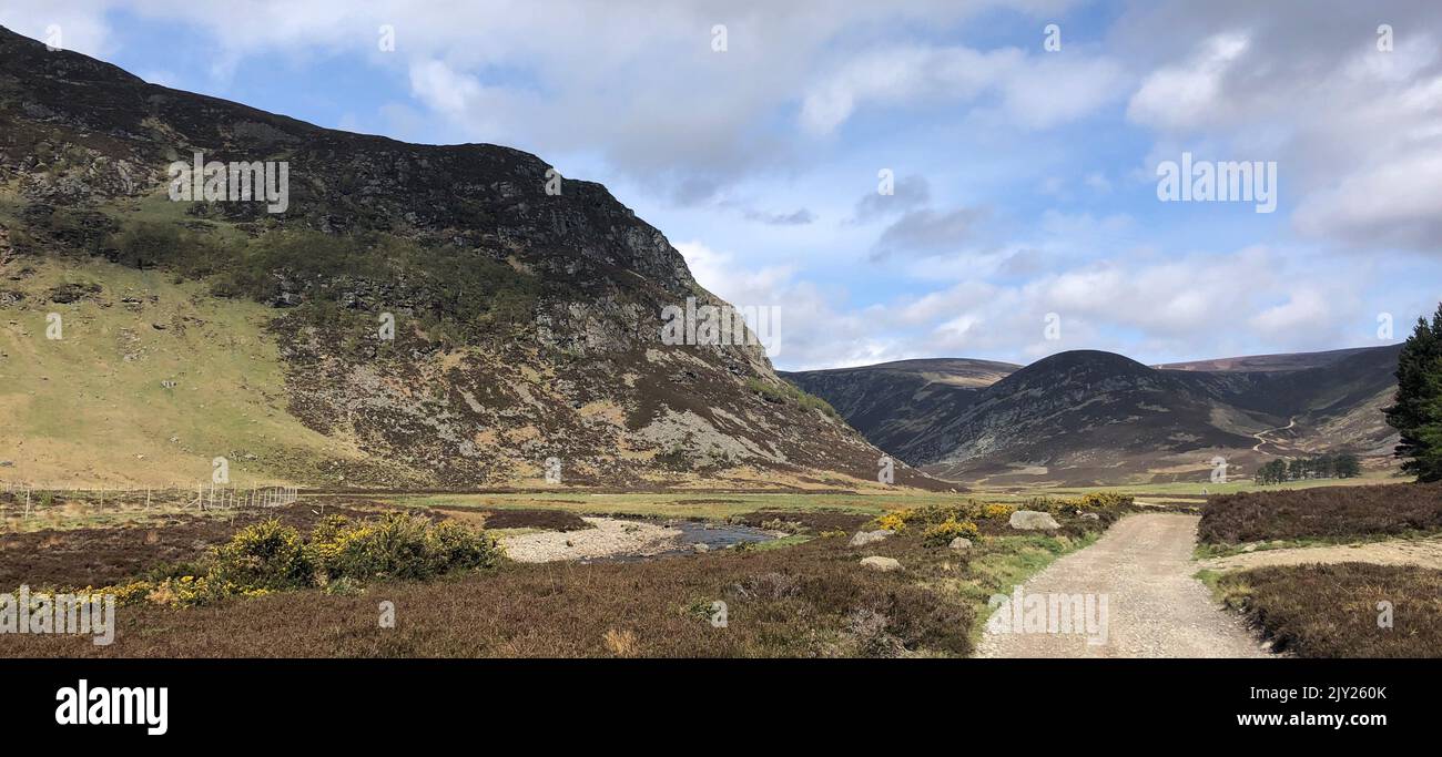A truncated spur in Glen Mark, Angus, Scotland. The Water of Mark flows here before joining Water of Lee to become River North Esk in Glen Esk. Stock Photo