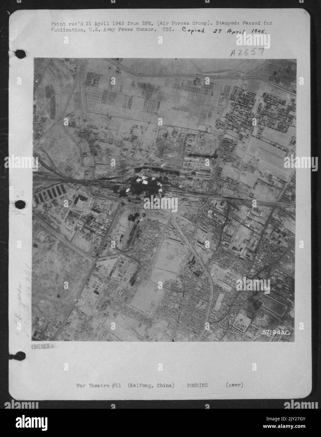 China - A Devastating Strike At The Japanese-Held Kaifeng Railroad Yards In Northeast China By Consolidated B-24's Of The 308Th Bombardment Group Of Major General Chennault's 14Th Af In The Flying Tigers' Assault On Points Vital To The Japaneses Drive South Of The Stock Photo