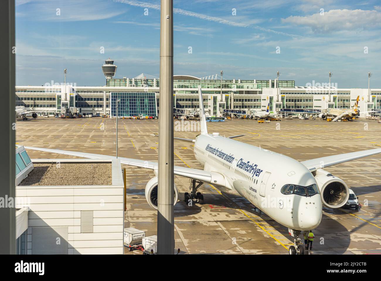 MUNICH, GERMANY, SEPTEMBER 7, 2022; Lufthansa German Airlines Airbus A350D-AIVD Clean Tech Flyer logo jet airliner docked at Munich Airport Stock Photo