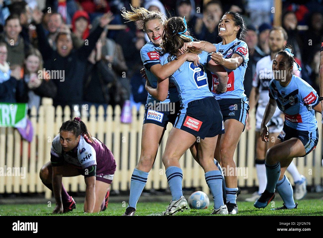 Jessica Sergis of NSW (centre) celebrates with teammates after scoring ...