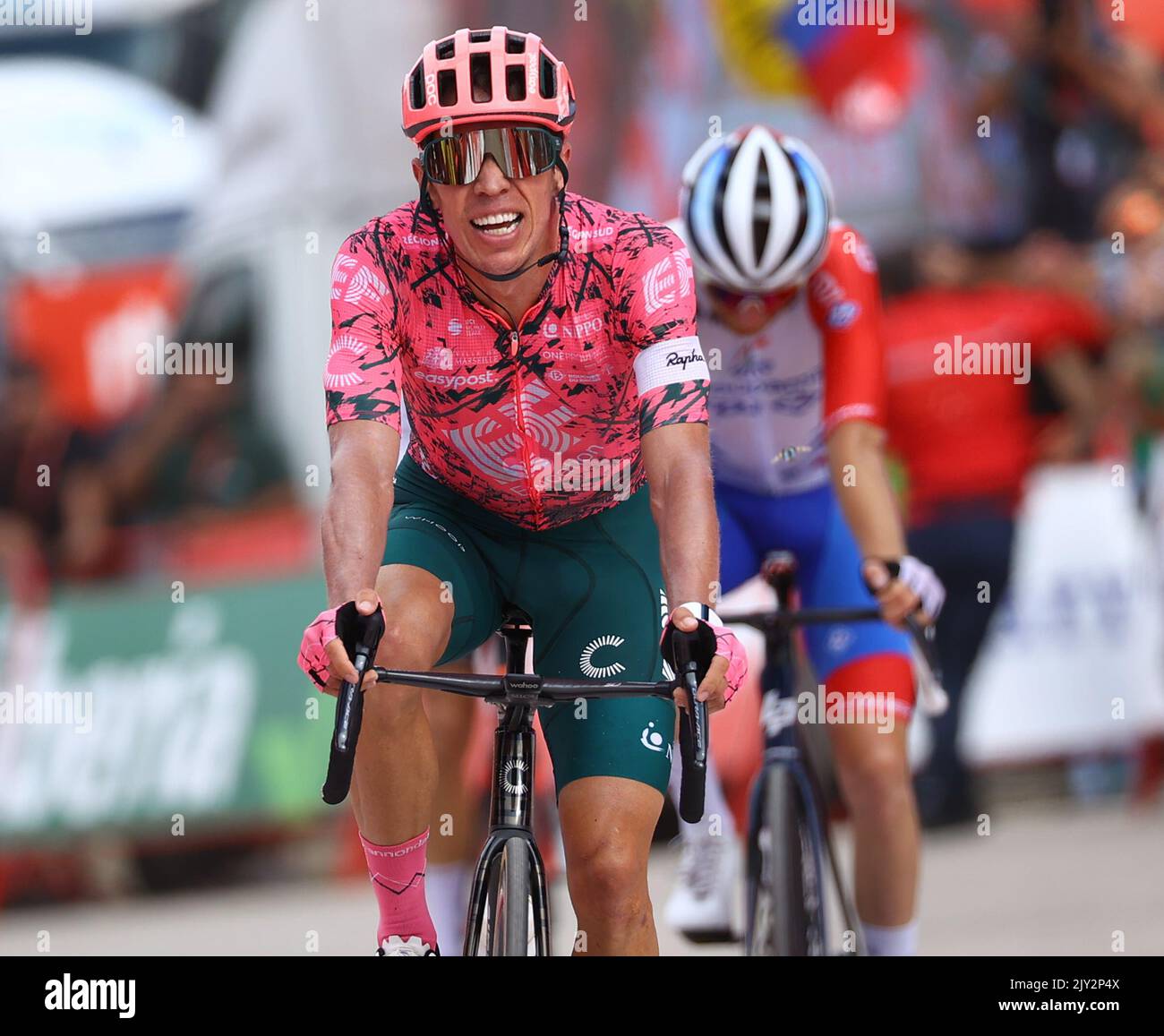 Colombian Rigoberto Uran of EF Education-EasyPost celebrate after winning stage 17 of the 2022 edition of the 'Vuelta a Espana', Tour of Spain cycling race, from Aracena to Monasterio de Tentudia (162,3 km), Spain, Wednesday 07 September 2022.  BELGA PHOTO DAVID PINTENS Stock Photo