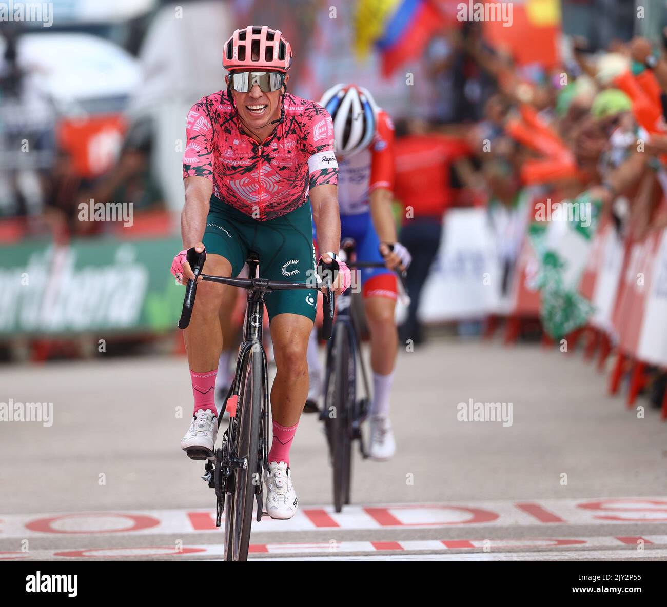 Colombian Rigoberto Uran of EF Education-EasyPost celebrate after winning stage 17 of the 2022 edition of the 'Vuelta a Espana', Tour of Spain cycling race, from Aracena to Monasterio de Tentudia (162,3 km), Spain, Wednesday 07 September 2022.  BELGA PHOTO DAVID PINTENS Stock Photo