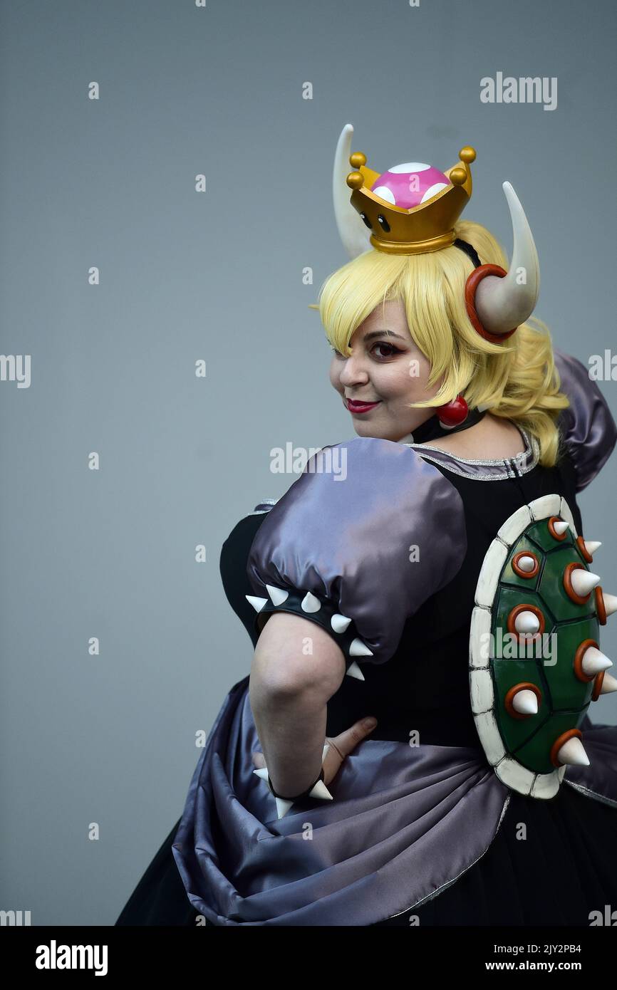 Supanova Cosplay Ambassador Gloria Santacaterina, dressed in cosplay as  Bowsette from Nintendo, poses for a photograph at Sydney Supanova 2019  conference, Sydney Showground, Olympic Park, Saturday, June 22, 2019.  Supanova celebrates film,