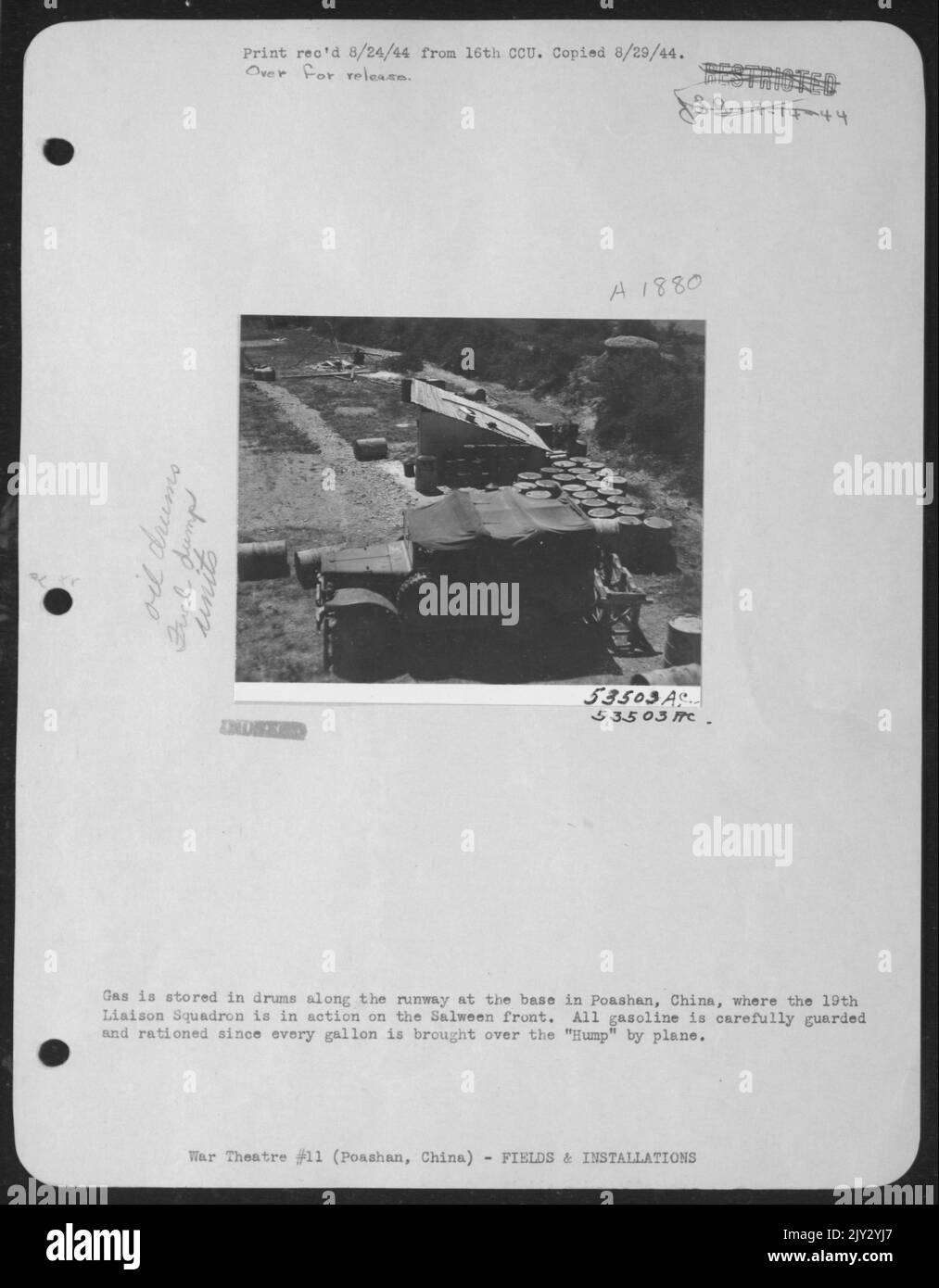 Gas is stored in drums along the runway at the base in Poashan, China