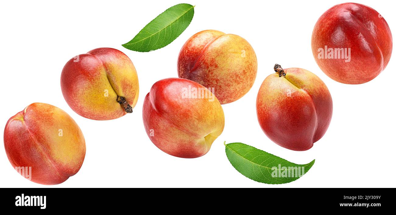 Falling peaches isolated on white background Stock Photo
