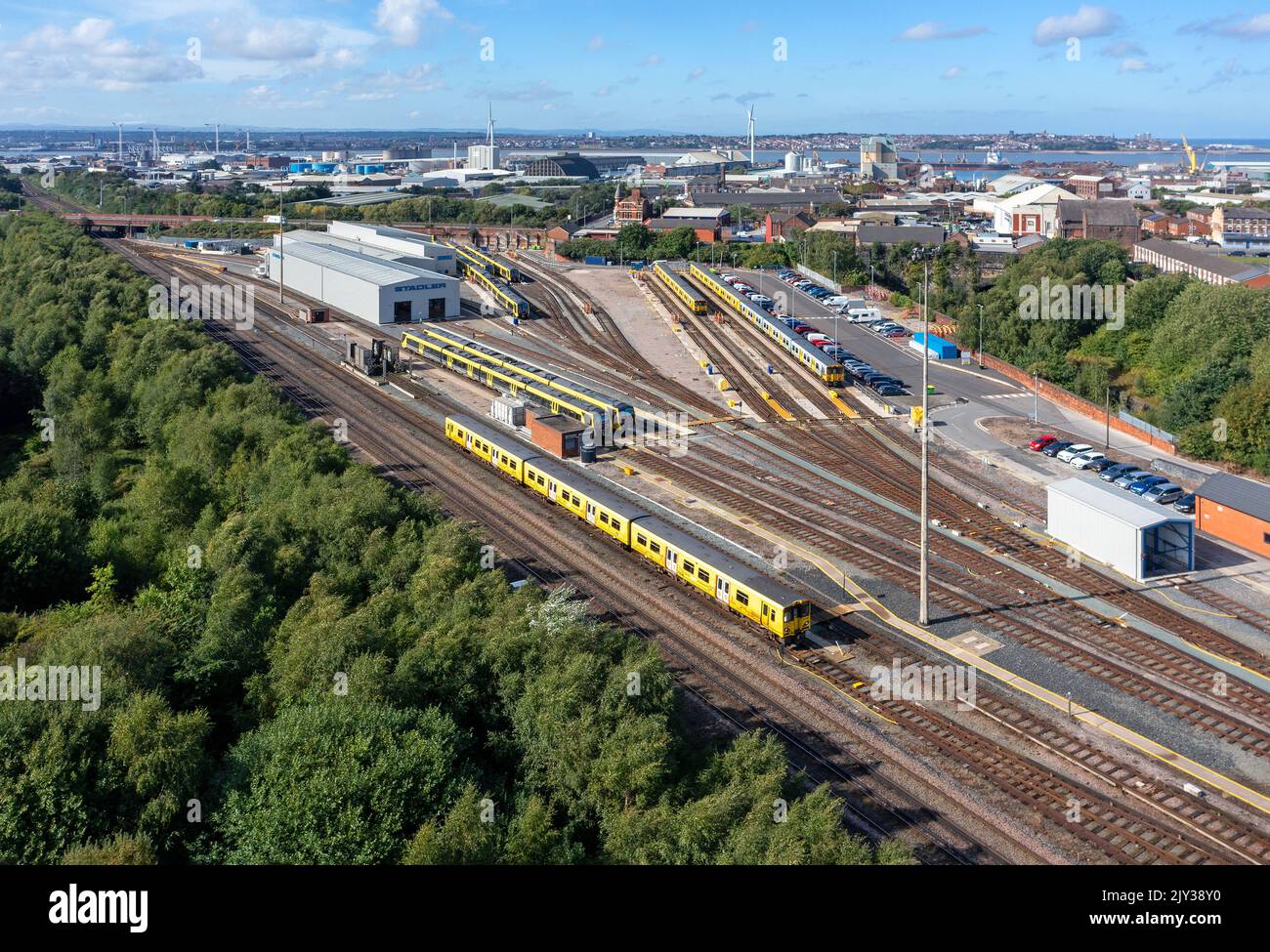 Stadlers New Class 777 lineup at Stadlers Merseyrail depot at Kirkdale Train Depot. 5th Sept 2022. Stock Photo