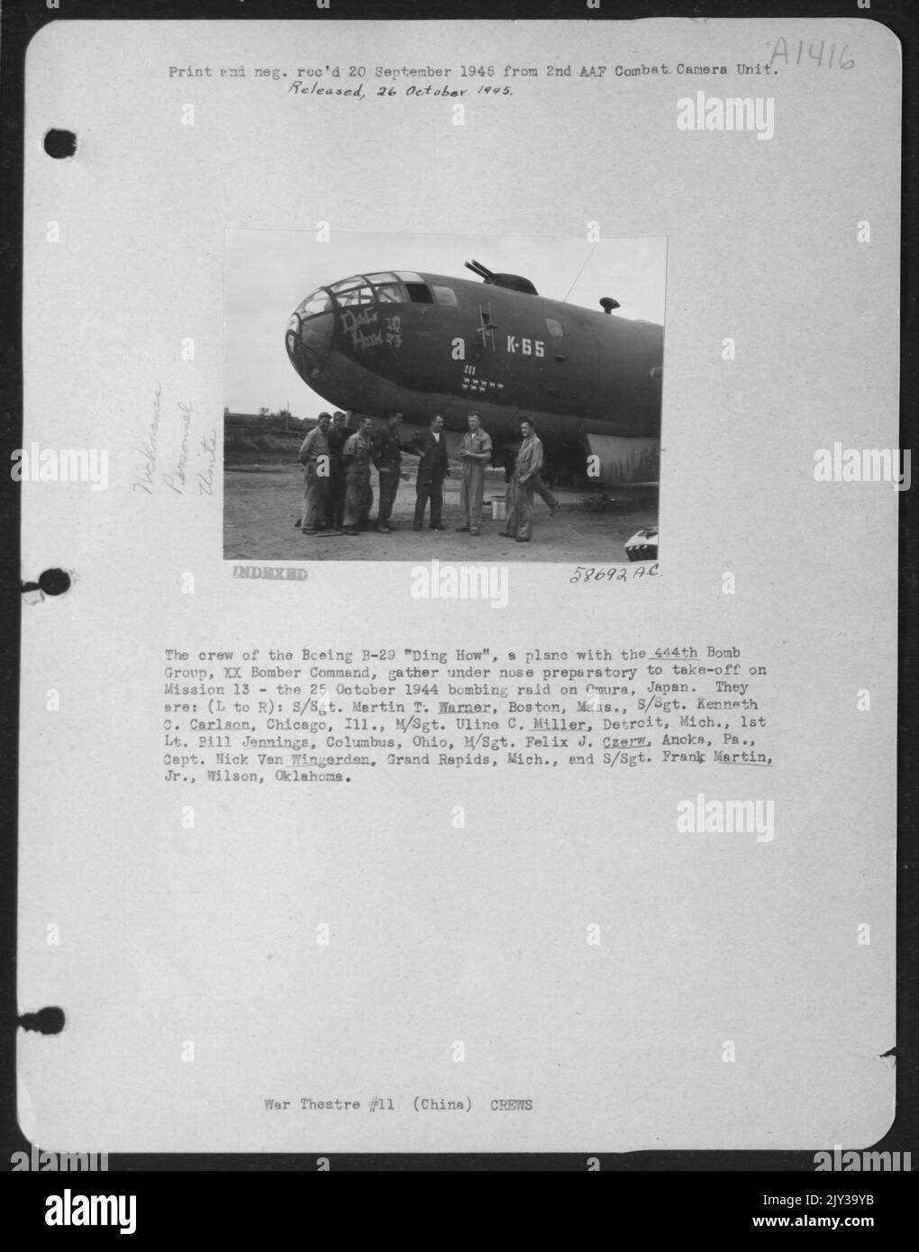 The Crew Of A Boeing B29 "Ding How", A Plane With The 444Th Bomb Group, Xx Bomber Command