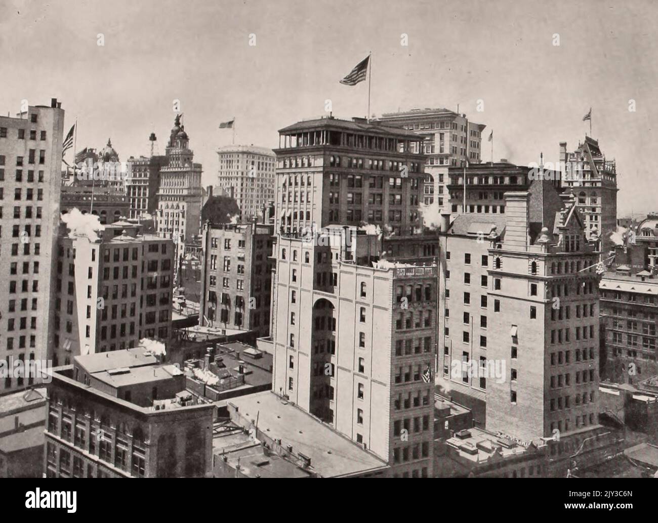 Looking Southwest from the roof of the Woodbridge Building, Corner of John and William Streets, New York City, circa 1900 Stock Photo