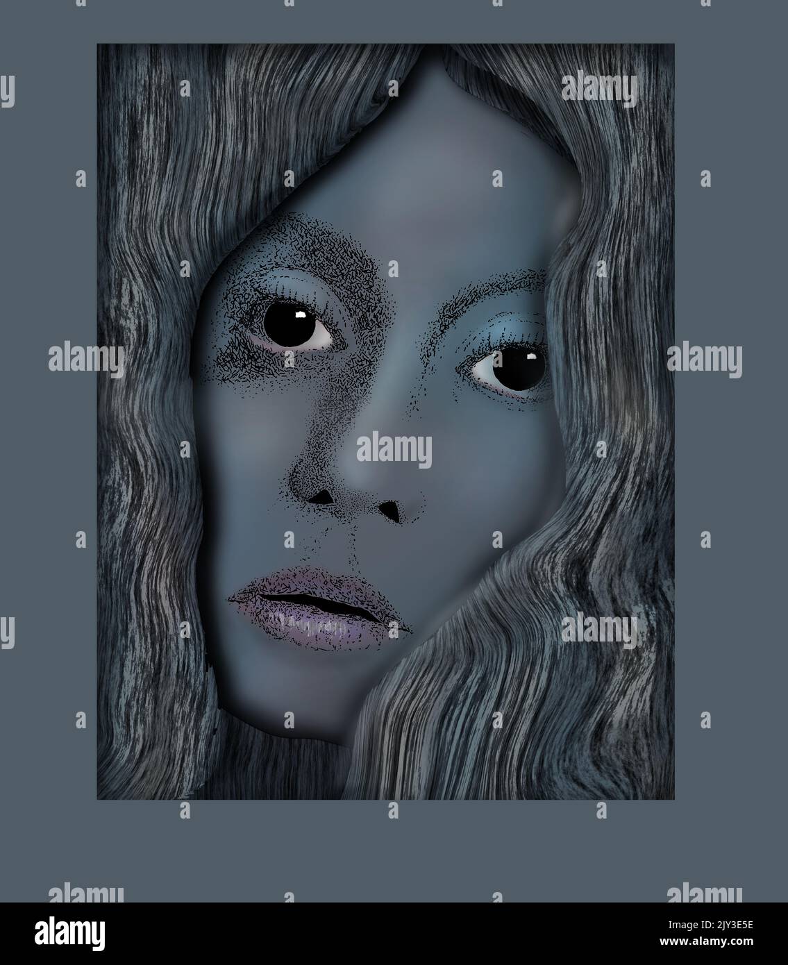 AN attractive young female woman’s face is seen in muted tones inside a skewed mat in a frame in this 3-d illustration. Stock Photo