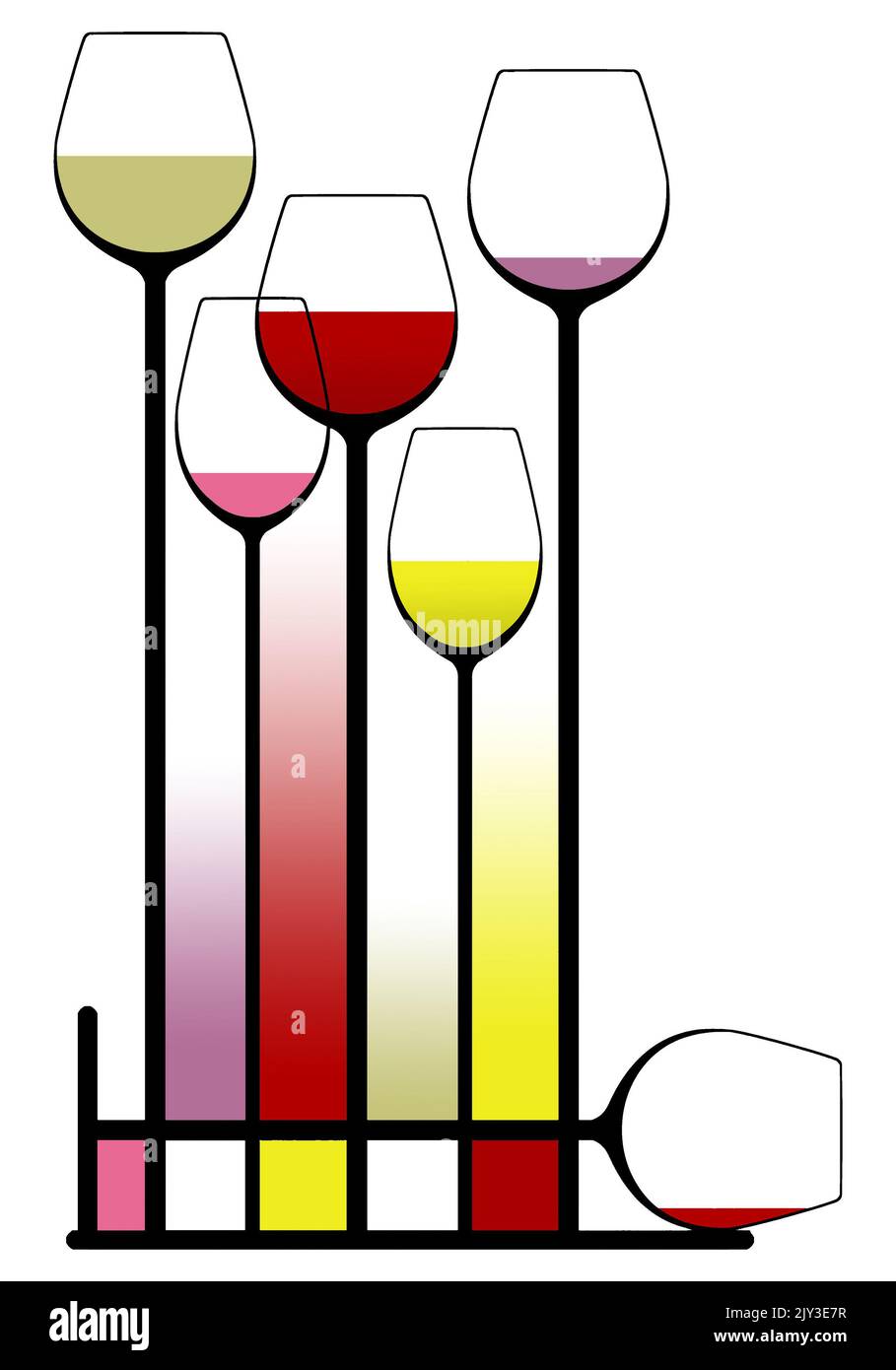 This is an illustration showing stemware, very tall wine glasses in an elegant composition. This is a 3-d illustration. Stock Photo