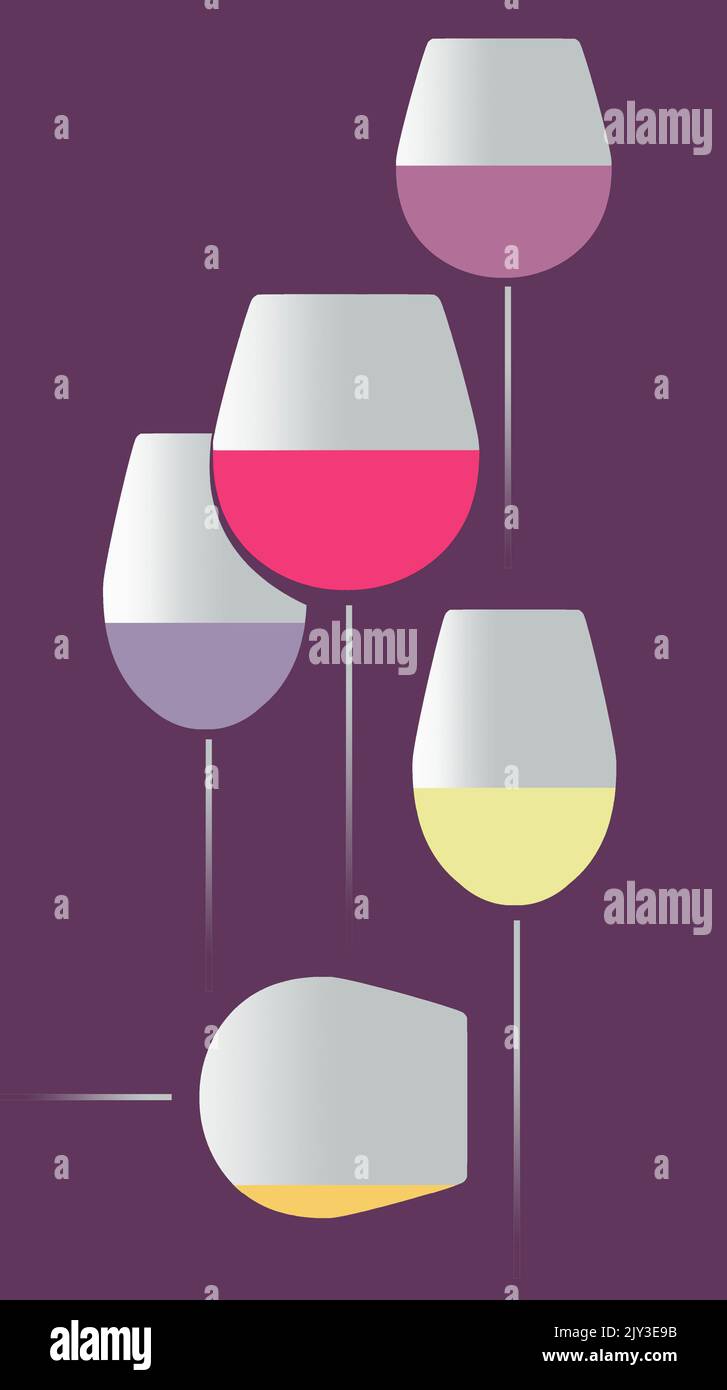 This is an illustration showing stemware, very tall wine glasses in an elegant composition with various colors of wine in the glasses. This is a 3-d i Stock Photo