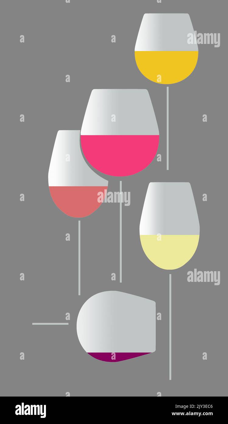 This is an illustration showing stemware, very tall wine glasses in an elegant composition with various colors of wine in the glasses.3-D ILLUSTRATION Stock Photo