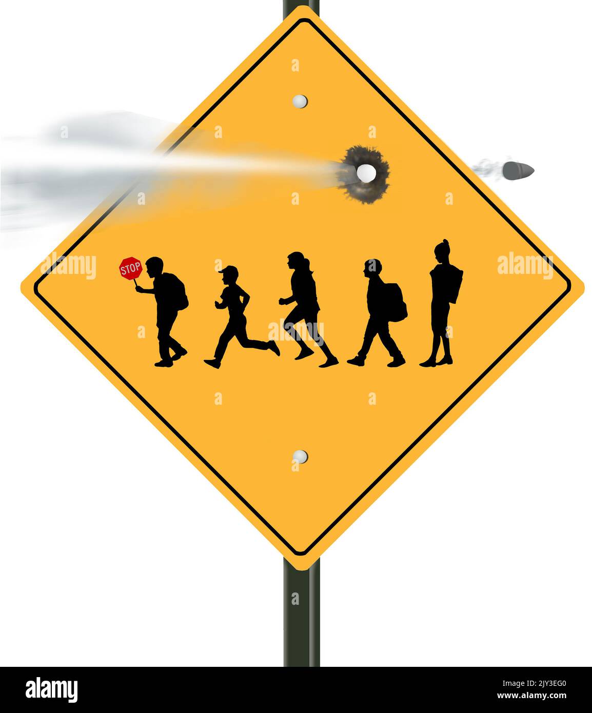A bullet hole is seen in a school crossing sign in a 3-d illustration about school mass shootings. Stock Photo