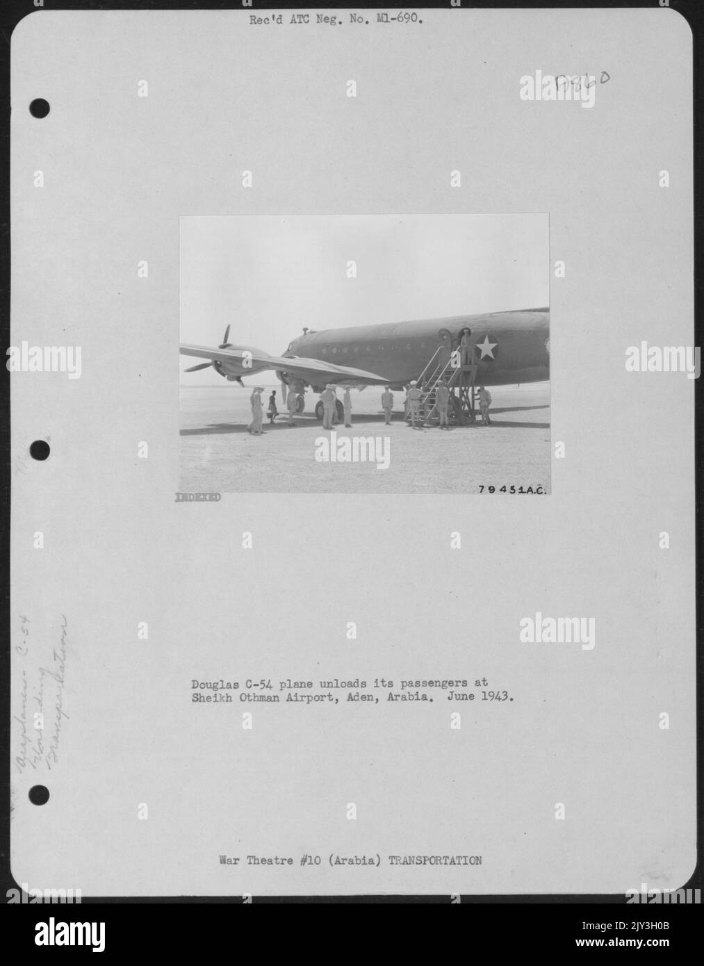 Douglas C-54 Plane Unloads Its Passengers At Sheikh Othman Airport, Aden, Arabia. June 1943. Stock Photo