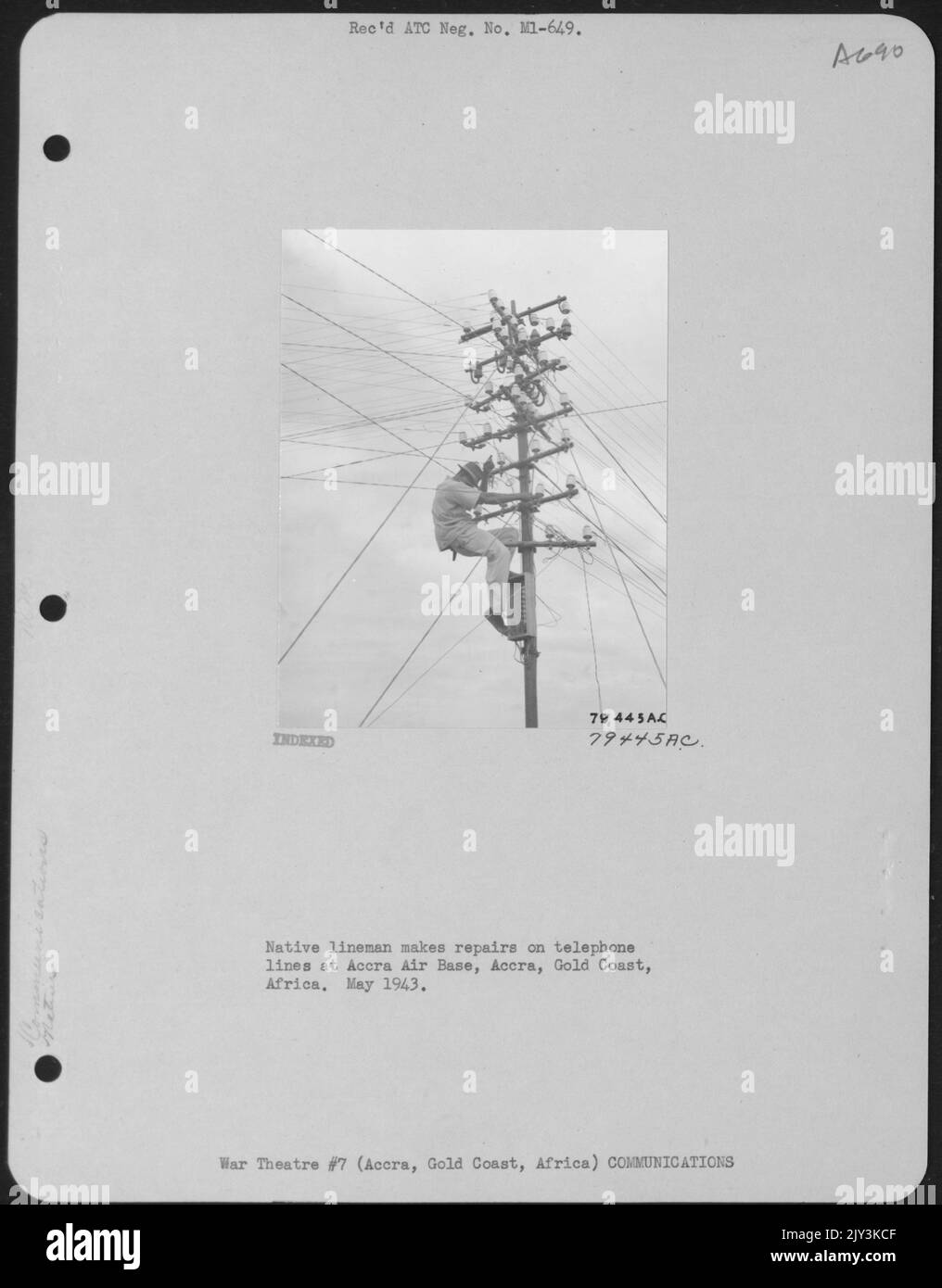 Native Lineman Makes Repairs On Telephone Lines At Accra Air Base, Accra, Gold Coast, Africa
