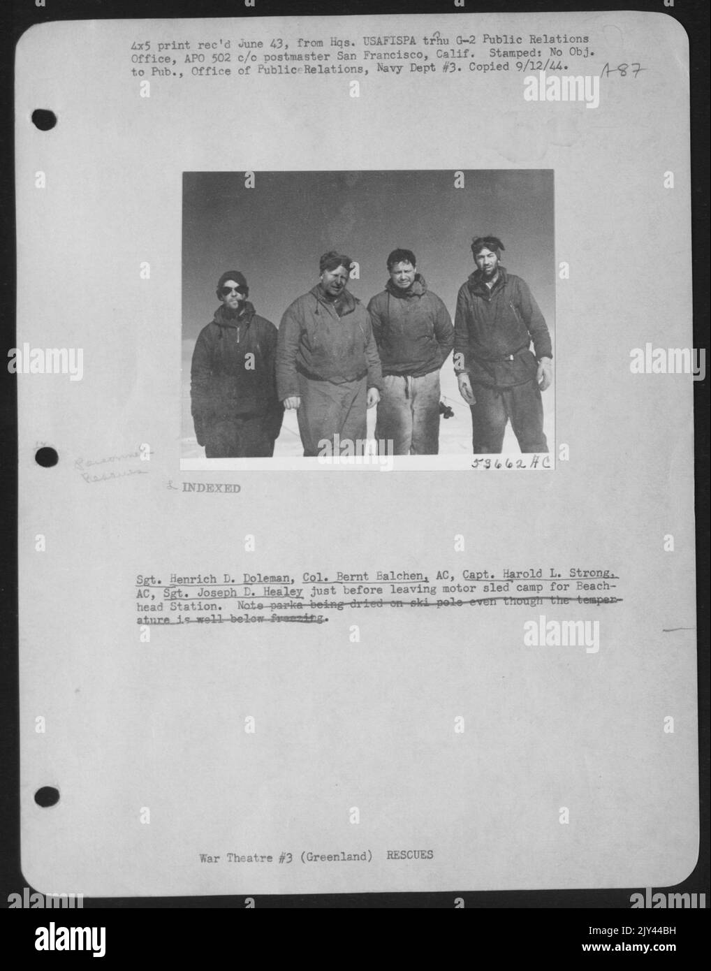 Sergeant Henrich Doleman, Colonel Bernt Balchen, Ac, Captain Harold L. Strong, Ac And Sergeant Joseph D. Healey Just Before Leaving Motor Sled Camp For Beachhead Station. Stock Photo