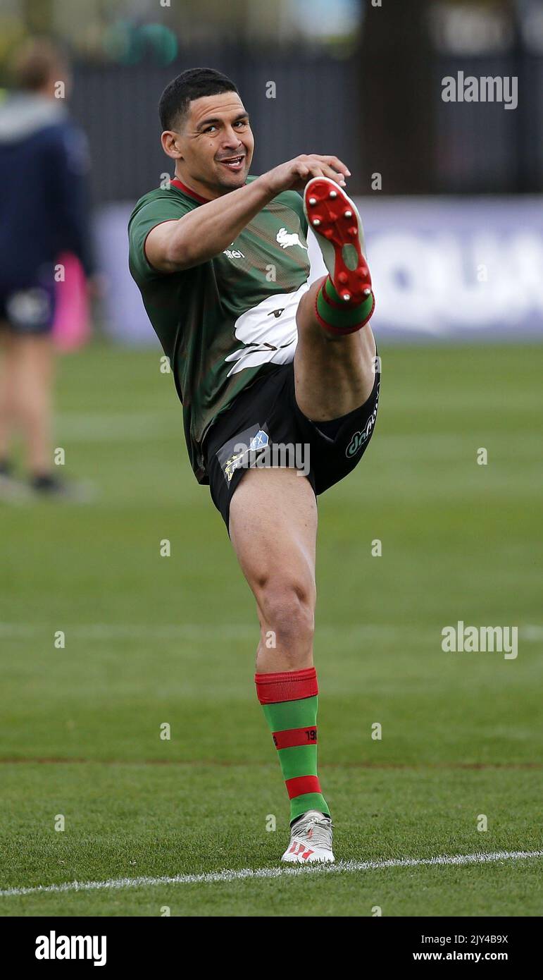 Cody Walker of the Rabbitohs warms up before the Round 21 NRL match