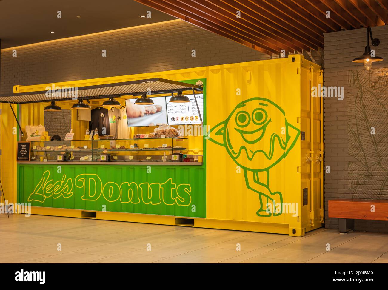 Lee's Donuts stall. Lee's Donuts coffee doughnut company and quick service restaurant-January 20,2021-Langley BC, Canada. Street photo, selective Stock Photo