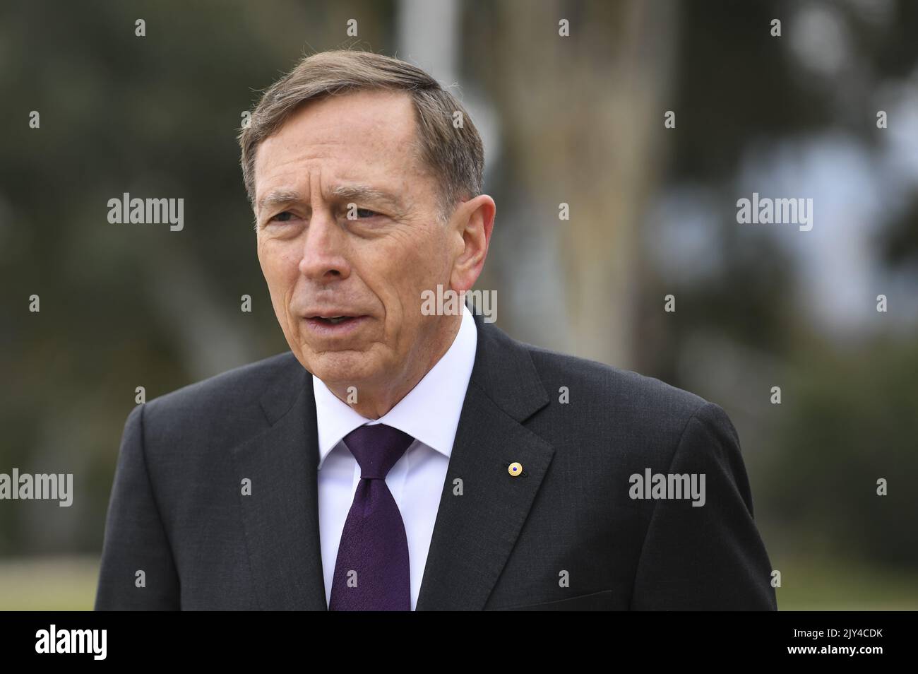 United States General (Retd) David H. Petraeus (left) is seen during a visit to the Australian War Memorial in Canberra, Tuesday, August 13, 2019. (AAP Image/Lukas Coch) Stock Photo