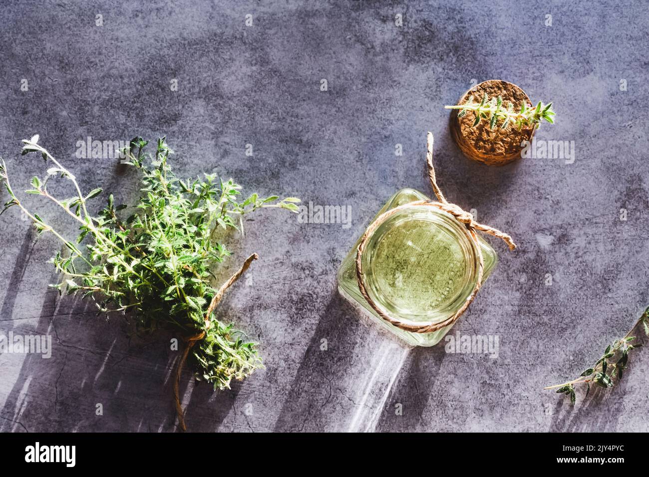 Thyme essential oil in open bottle, cork and fresh Thymus plants on gray marble table, flat lay Stock Photo