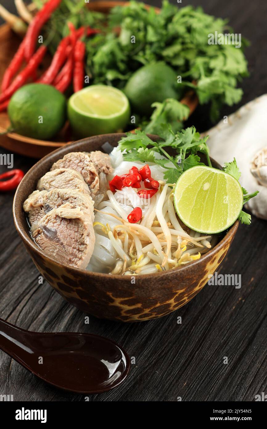 Bun Bo Hue, Bun Bo, Vietnamese Beef Noodle Soup Spicy. Bowl of Beef and