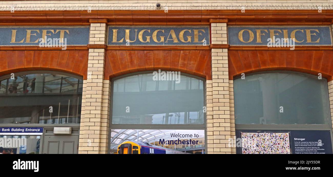 Victoria station Manchester, restaurant mosaic lettering, bookstall with mosaic decoration, Left Luggage Office Stock Photo