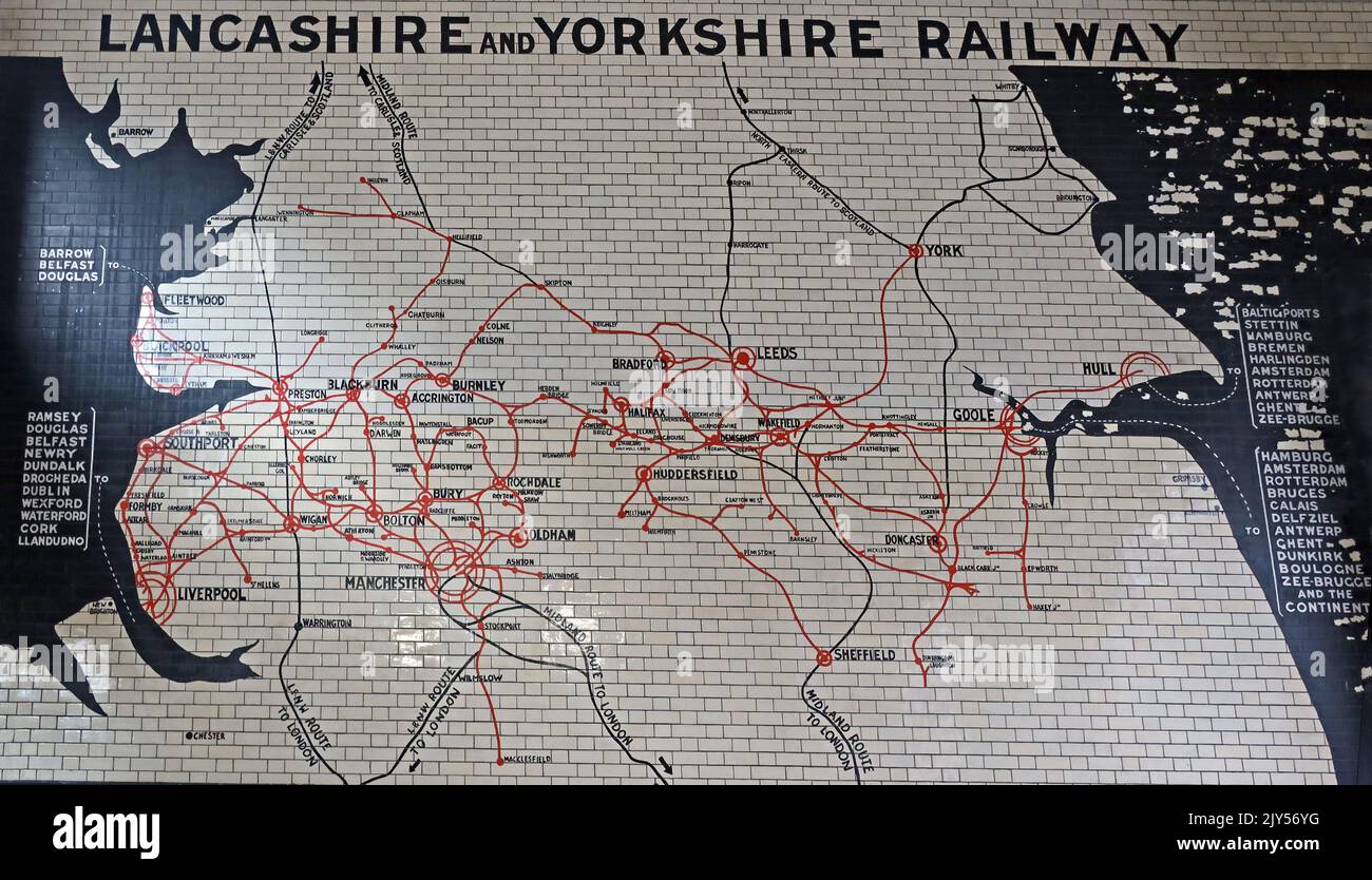 Historic ceramic tiled map showing old Lancashire and Yorkshire Railway routes preserved inside Manchester Victoria railway station. Stock Photo