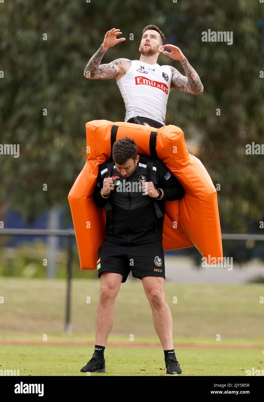 Jeremy Howe marks the ball during a Collingwood Magpies AFL training  session at the Holden Centre in Melbourne, Tuesday, September 10, 2019.  (AAP Image/Scott Barbour) NO ARCHIVING ** STRICTLY EDITORIAL USE ONLY,