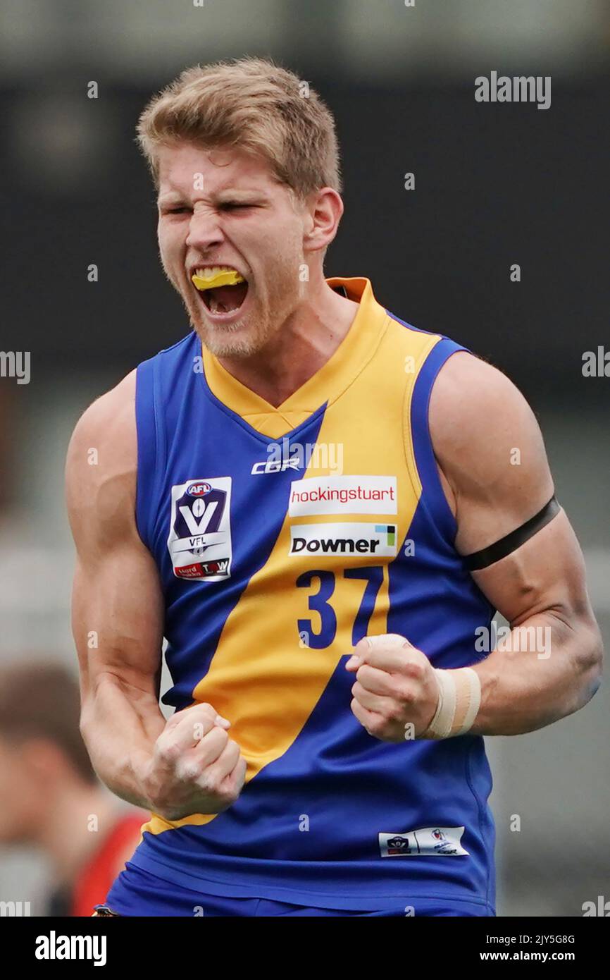 Nick Ebinger of Williamstown celebrates a goal during the VFL ...