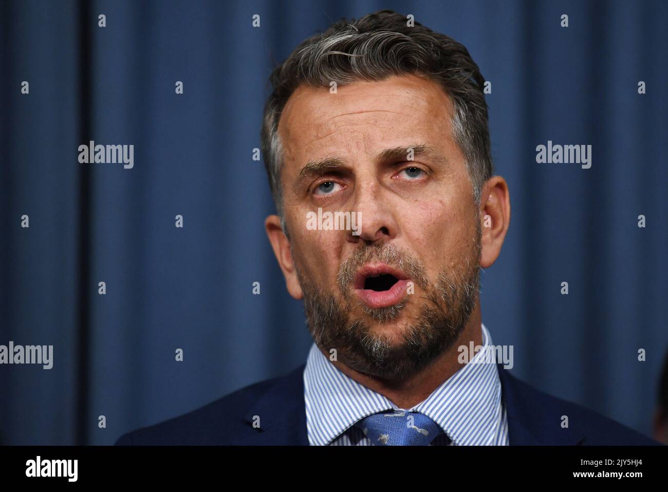 Minister for Transport and Roads Andrew Constance speaking during a press conference at New