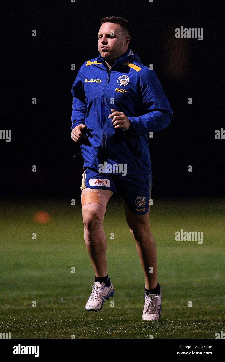 Parramatta Eels player Nathan Brown takes part in a training session at