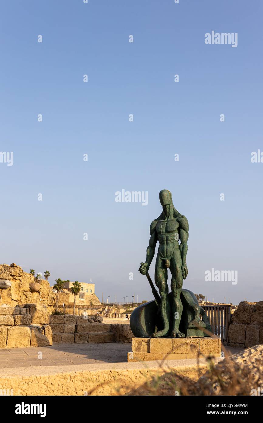 CAESAREA, ISRAEL - SEPTEMBER 01, 2022: Statue of a naked man in ancient caesarea in Israel. Sculpture by Michael Shacham. memorial to fallen soldiers Stock Photo