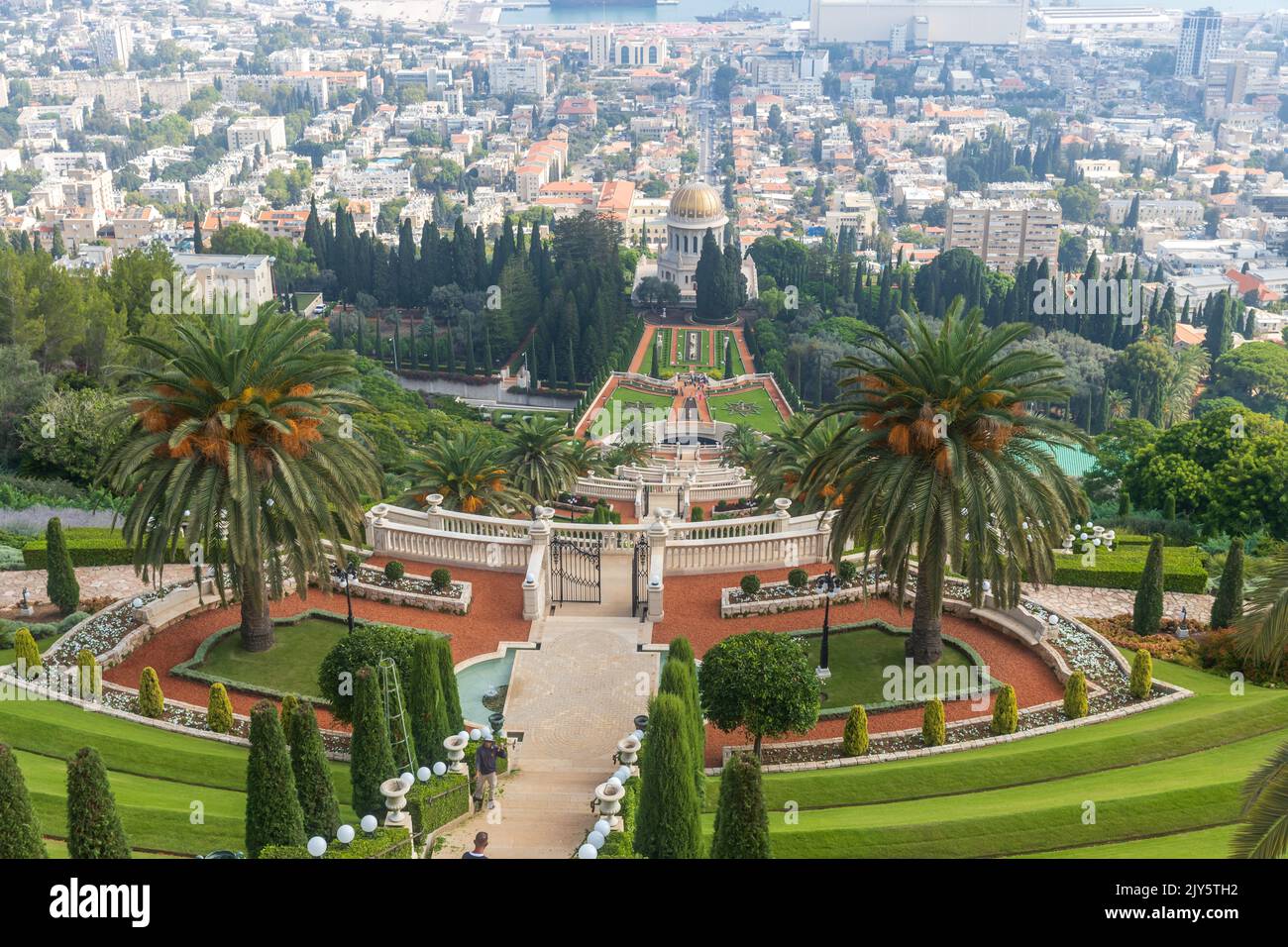 Haifa, Israel, June 26, 2022 : view from the Louis Promenade on Mount Carmel to the Bahai Temple, the downtown and port of Haifa city in Israel Stock Photo