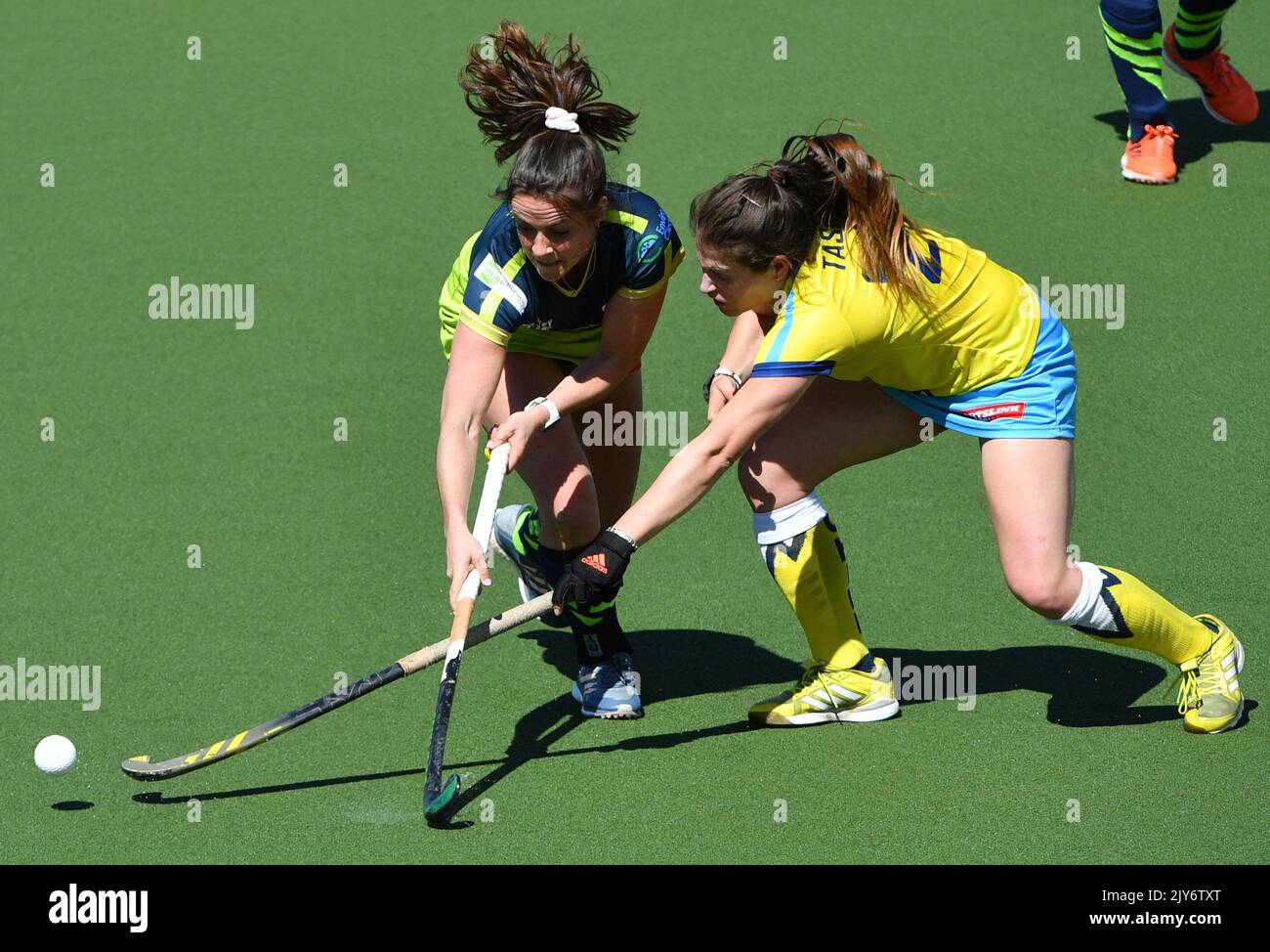 RE-TRANSMISSION OF IMAGE ID: 20191020001427666881 TO CORRECT NAME**  Canberra Chill Tina Taseka (R) and Tassie Tigers Amelia Spence compete for  the ball during their Round 5, Hockey One Womenâ€™s match between Canberra