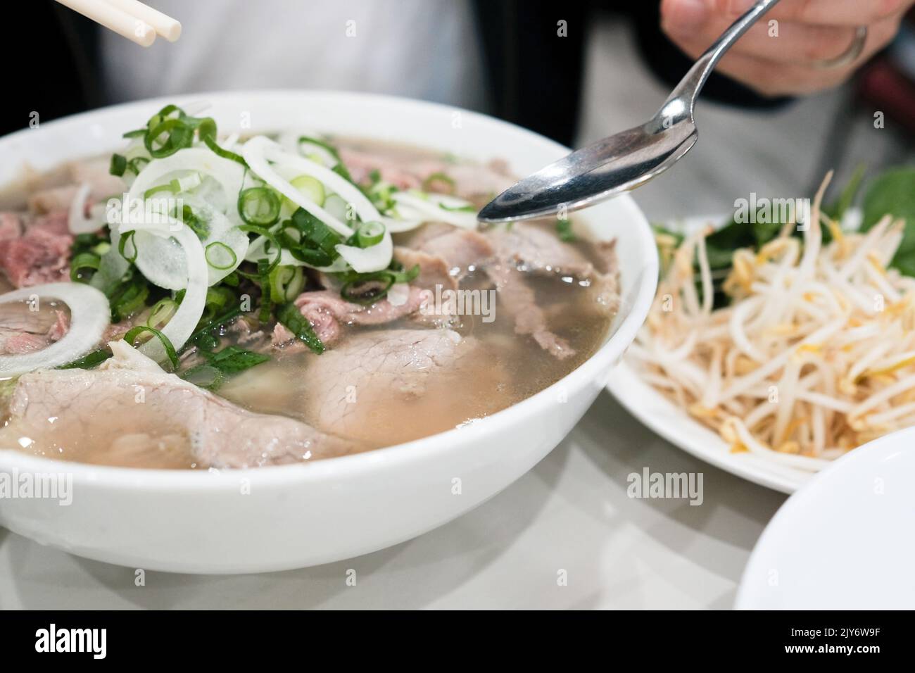 A bowl of beef pho (Phở Bò) at Pho Tau Bay, one of the oldest Vietnamese restaurants in Cabramatta — Sydney, Australia Stock Photo