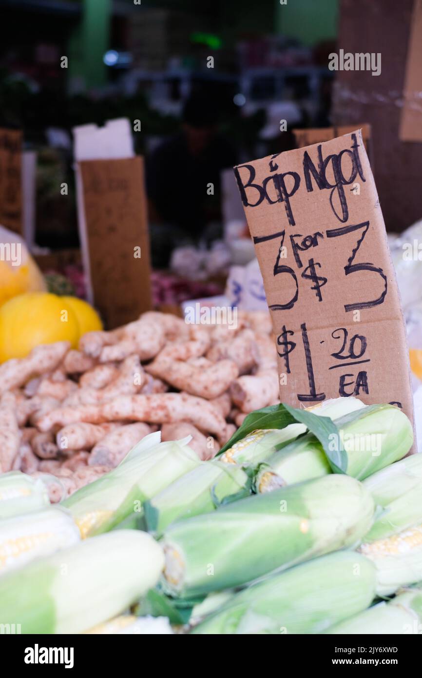 Corn and yams for sale at a Vietnamese grocer in Cabramatta — Sydney