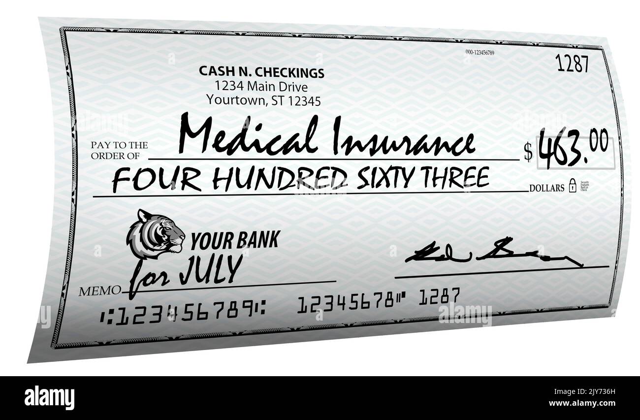 Here is a mock personal check made out to a pay a Medical Insurance payment of over $400 and it is a 3-d illustration. Stock Photo