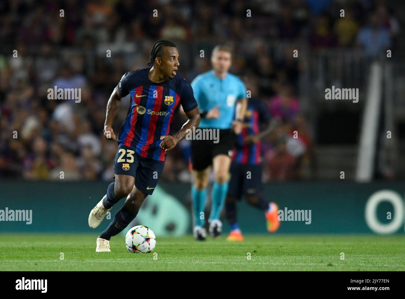 Barcelona, Spain. 07th Sep, 2022. Jules Kounde (23) of FC Barcelona during the match between FC Barcelona and FC Viktoria Plzen corresponding to the first day of the group stage of the UEFA Champions League at Spotify Camp Nou Stadium in Barcelona, Spain. September 7, 2022. Credit: rosdemora/Alamy Live News Stock Photo
