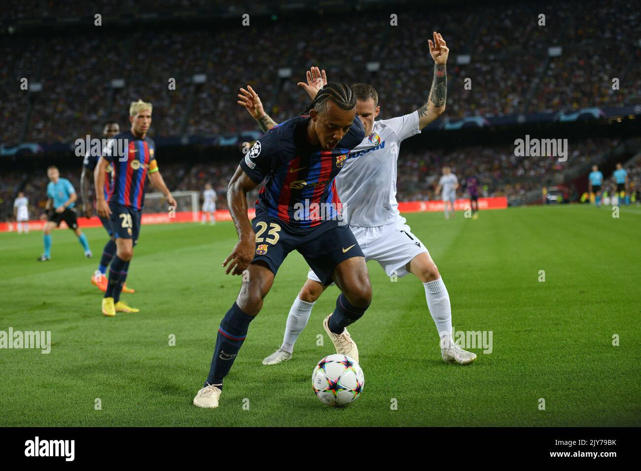 Barcelona, Spain. 07th Sep, 2022. FC BARCELONA vs FC VIKTORIA PLZEN Jules Kounde (23) of FC Barcelona during the match between FC Barcelona and FC Viktoria Plzen corresponding to the first day of the group stage of the UEFA Champions League at Spotify Camp Nou Stadium in Barcelona, Spain. September 7, 2022. Credit: rosdemora/Alamy Live News Stock Photo