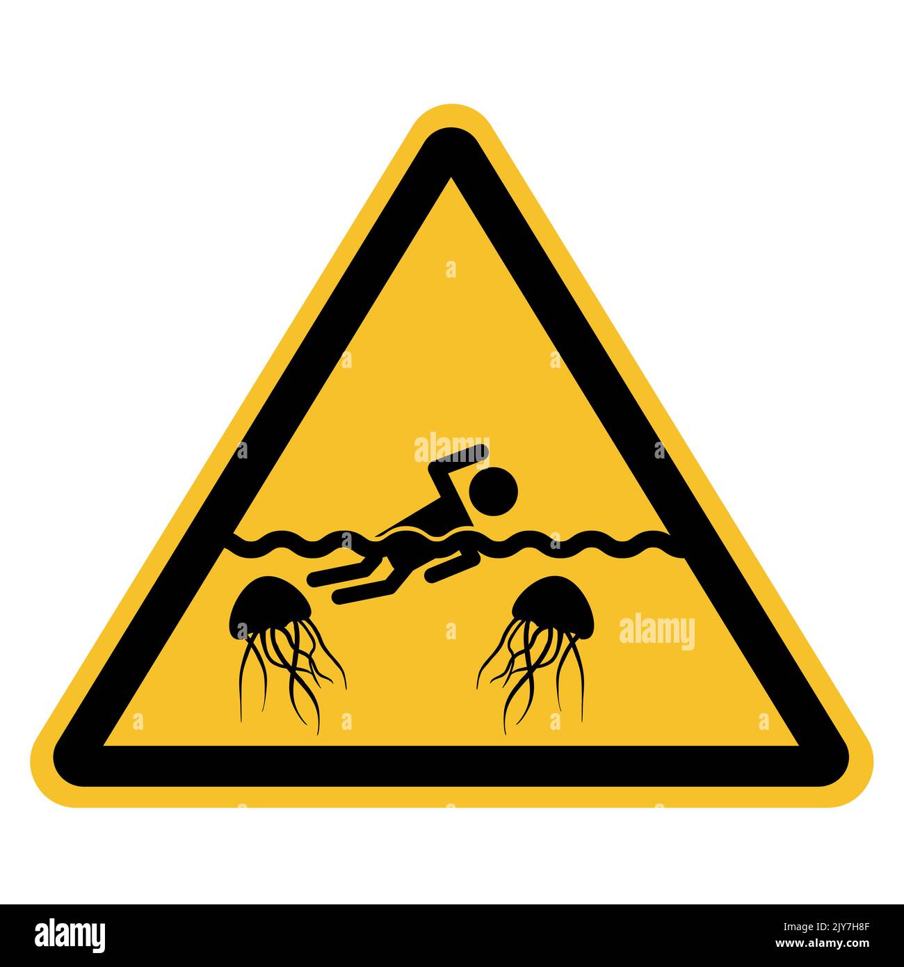 warning beware of jellyfish icon on white background. sea jellyfish and swimmer on the sign. flat style. Stock Photo