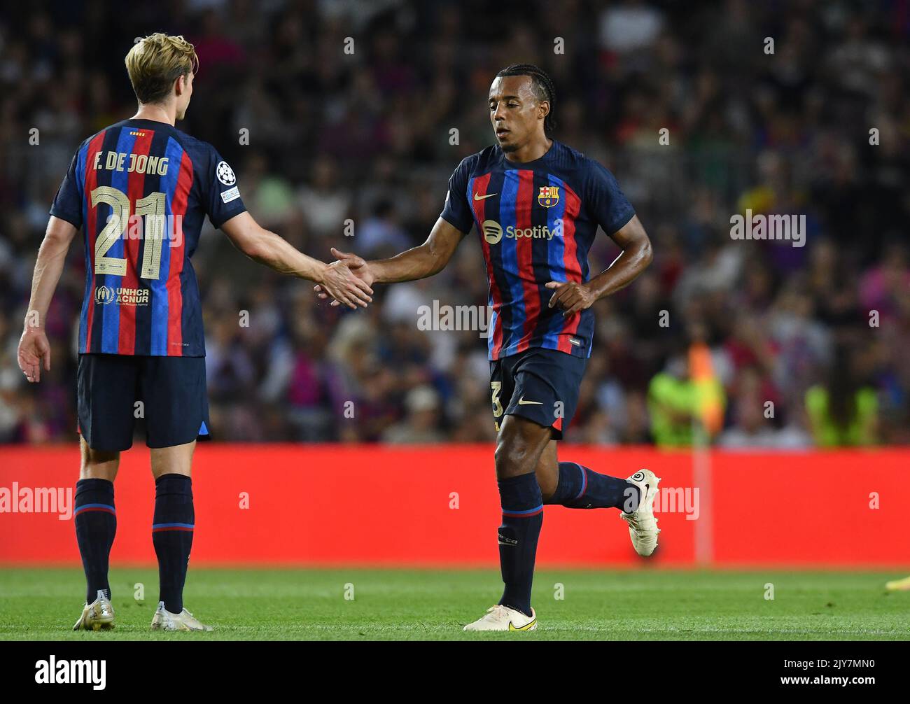 Barcelona, Spain. 07th Sep, 2022. FC BARCELONA vs FC VIKTORIA PLZEN Frenkie de Jong (21) of FC Barcelona and Jules Kounde (23) of FC Barcelona during the match between FC Barcelona and FC Viktoria Plzen corresponding to the first day of the group stage of the UEFA Champions League at Spotify Camp Nou Stadium in Barcelona, Spain. September 7, 2022. Credit: rosdemora/Alamy Live News Stock Photo