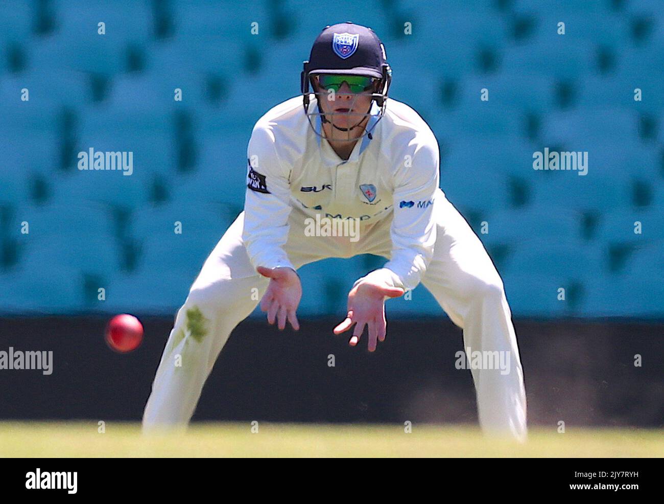 New South Wales player Steve Smith wears a helmet as he fields in slips during Day 3 of the Marsh Sheffield Shield match between New South Wales and Western Australia at the New South Wales player Steve Smith wears a helmet as he fields in slips during Day 3 of the Marsh Sheffield Shield match between New South Wales and Western Australia at the