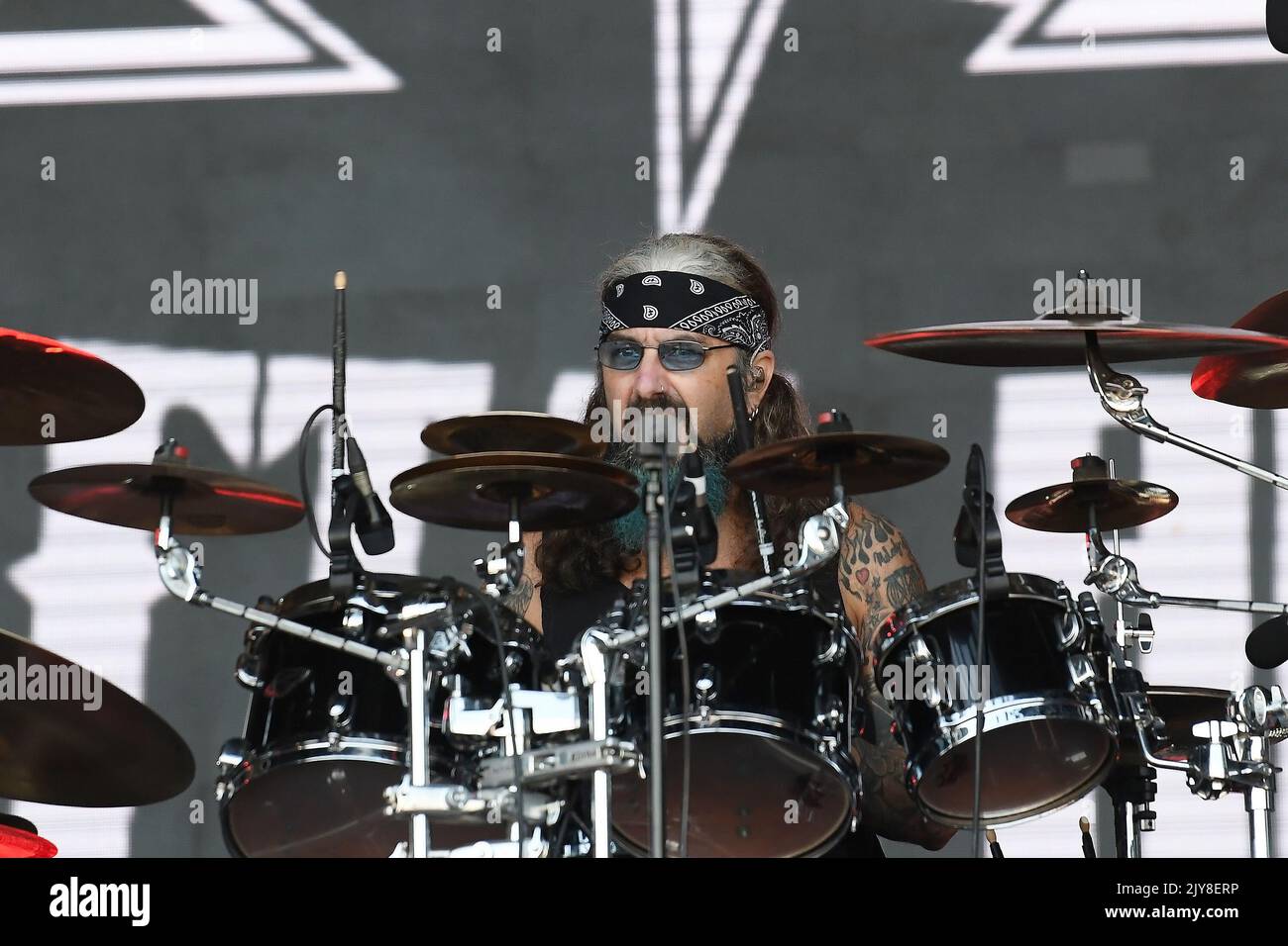 Rio de Janeiro, Brazil,September 2, 2022. Drummer Mike Portnoy during a concert by the American heavy metal band Metal Allegiance at Rock in Rio 2022 Stock Photo