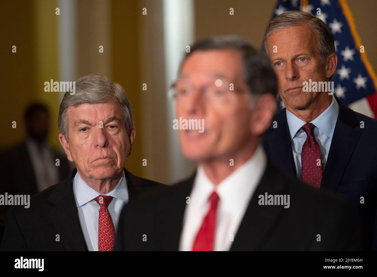 United States Senator John Thune (Republican of South Dakota), right, and United States Senator Roy Blunt (Republican of Missouri), left, look on as United States Senator John Barrasso (Republican of Wyoming) offers remarks during the Senate Republican's policy luncheon press conference, at the US Capitol in Washington, DC, Wednesday, September 7, 2022. Credit: Cliff Owen/CNP /MediaPunch Stock Photo
