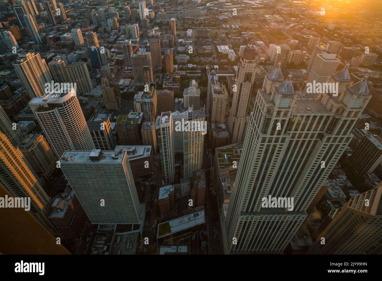 Aerial view of Chicago downtown skyline at sunset from high above Stock ...